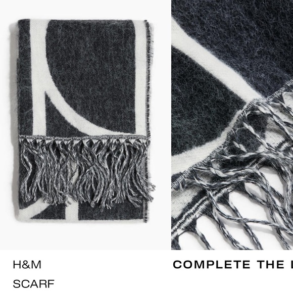 NWT • H&M • Gray & White Patterned Wool Scarf with Fringe - Picture 2 of 6